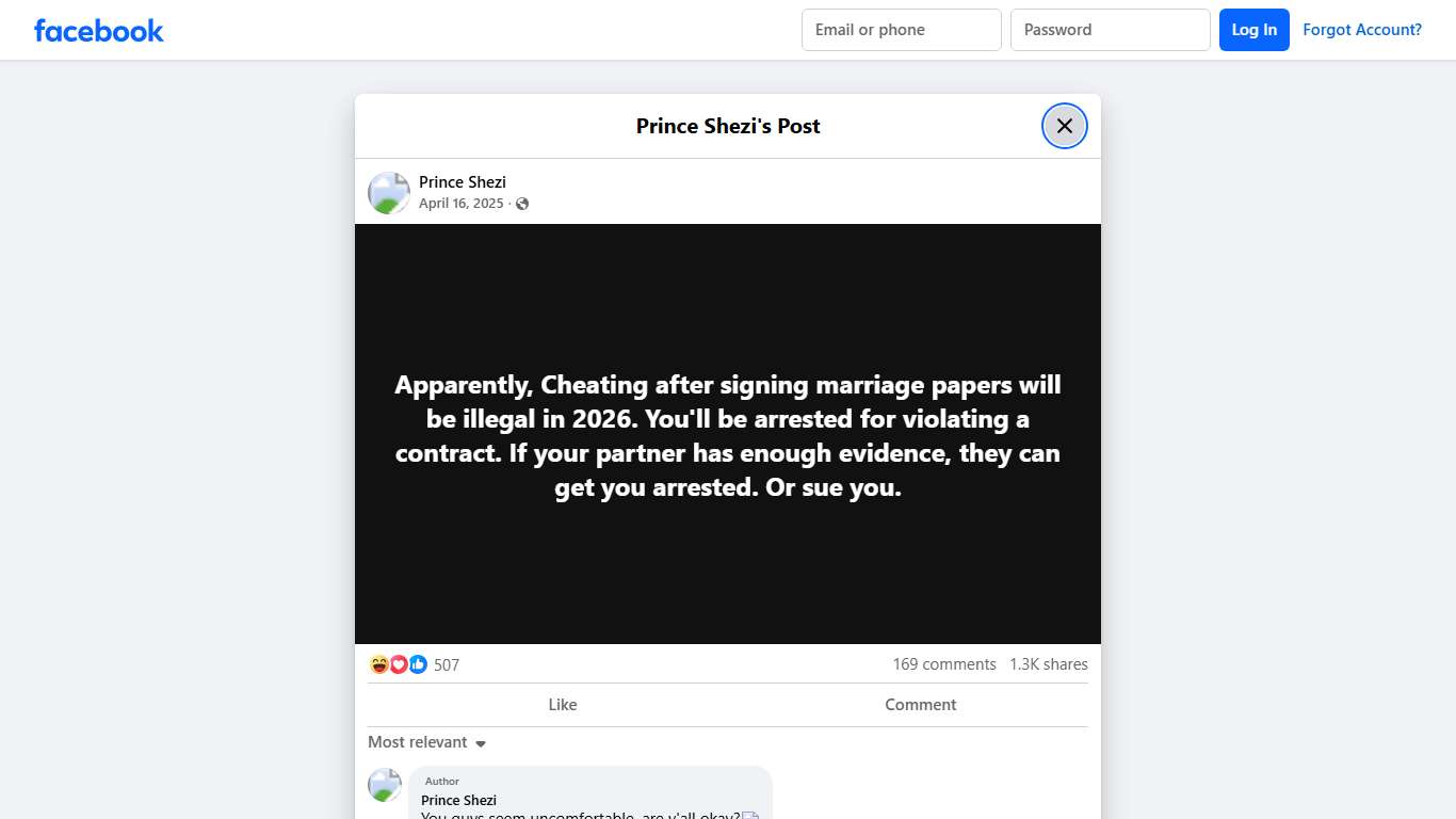 Prince Shezi - Apparently, Cheating after signing marriage... Facebook