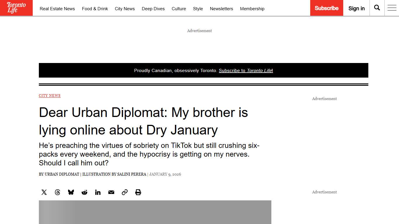 Dear Urban Diplomat: My brother is lying online about Dry January - Toronto Life